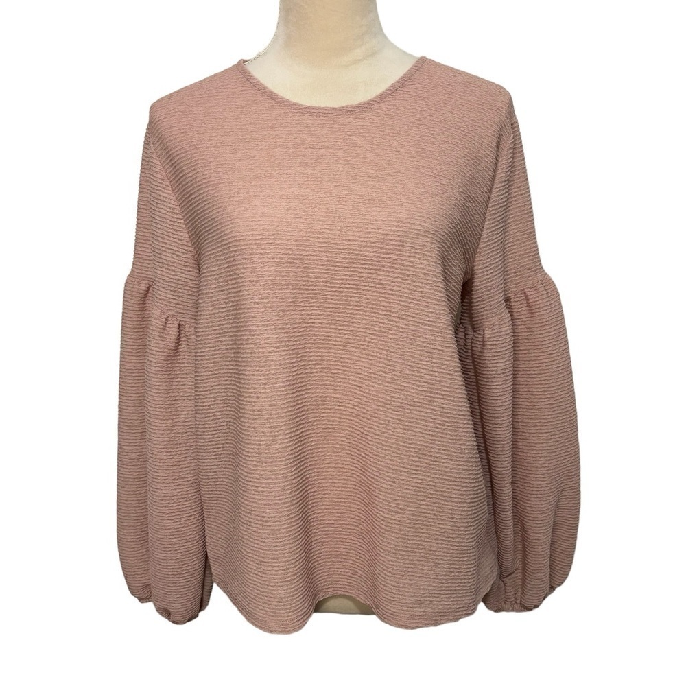 H&M Dusty Rose Puff Sleeve Ribbed Knit Slightly Sheer Round Neck Blouse Top M